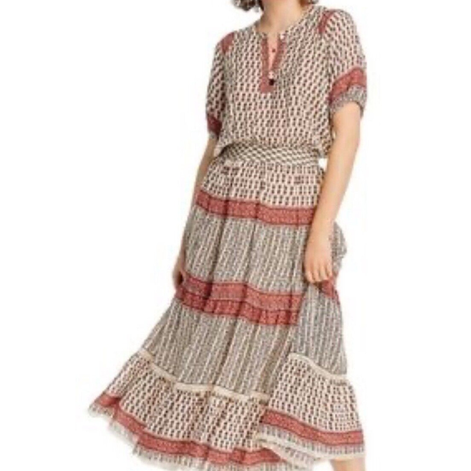 Lini Rosie Dress Xs Red Tan Floral Print Tiered Ruffle Boho Beach Short Sleeve